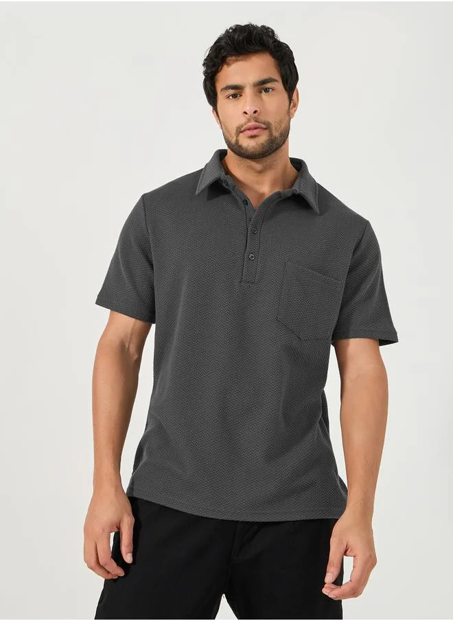 Styli Premium Chevron Textured Knit Half Placket Relaxed Polo