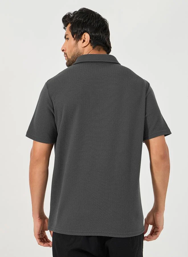 Styli Premium Chevron Textured Knit Half Placket Relaxed Polo