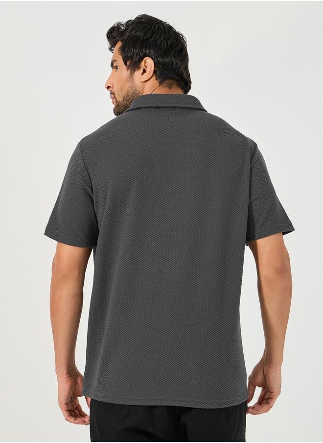 Styli - Premium Chevron Textured Knit Half Placket Relaxed Polo - Image 1