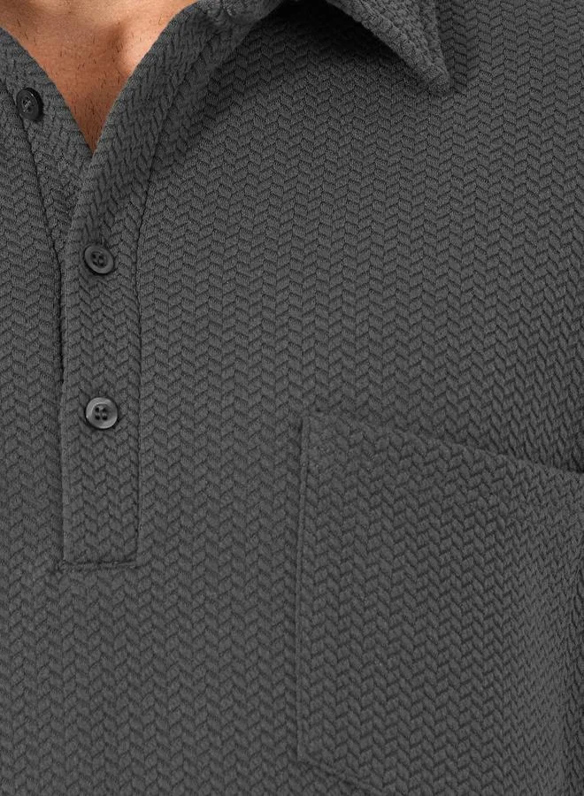 Styli Premium Chevron Textured Knit Half Placket Relaxed Polo