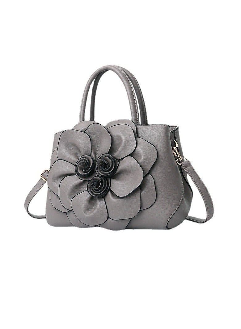 Solid Color New College Style Women's Bag Leather Flower Hand Shoulder Bag (Gray) 