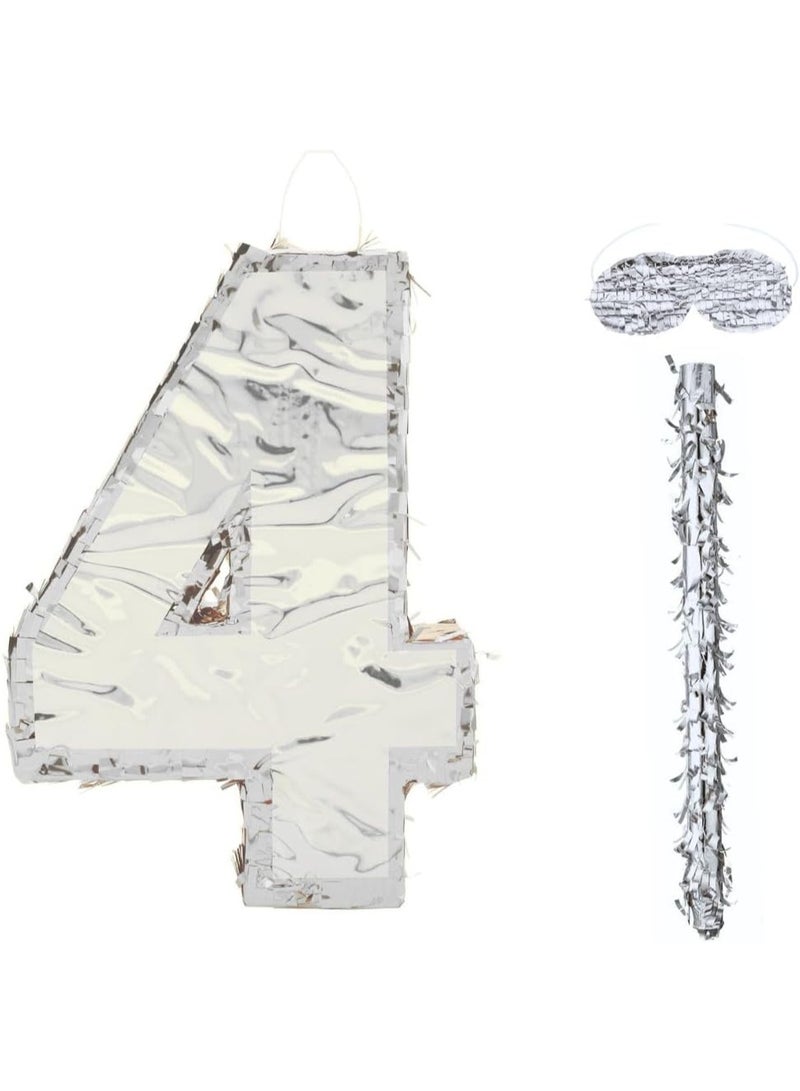 Goldedge 42x30x8cm Number Piñata Birthday Piñata Decorations Silver Foil Piñata with Stick Blindfold Confetti for Boy Girl Birthday Party Decorations Anniversary Celebrations Fiesta Supplies(Number 4) - Image 1