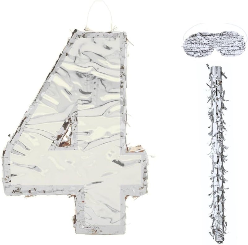 Goldedge 42x30x8cm Number Piñata Birthday Piñata Decorations Silver Foil Piñata with Stick Blindfold Confetti for Boy Girl Birthday Party Decorations Anniversary Celebrations Fiesta Supplies(Number 4) - Image 2