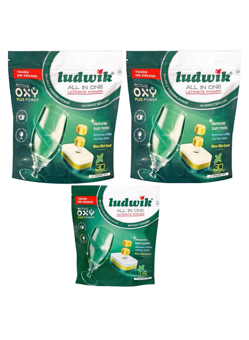 ludwik Ludwik All in One Dishwasher Tablets with Mint Extract, 30 Tablets (2 Pack) + 14 Tablets (1 Pack)  - Image 1