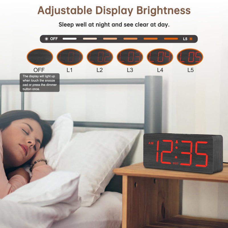 DreamSky Wooden Digital Alarm Clock for Bedroom - Desk Clocks for Living Room with Large Numbers, Loud Alarm for Heavy Sleepers with Volume Control, Dimmer, DST, Office Wood Decor (Plug in Clock) - Image 4