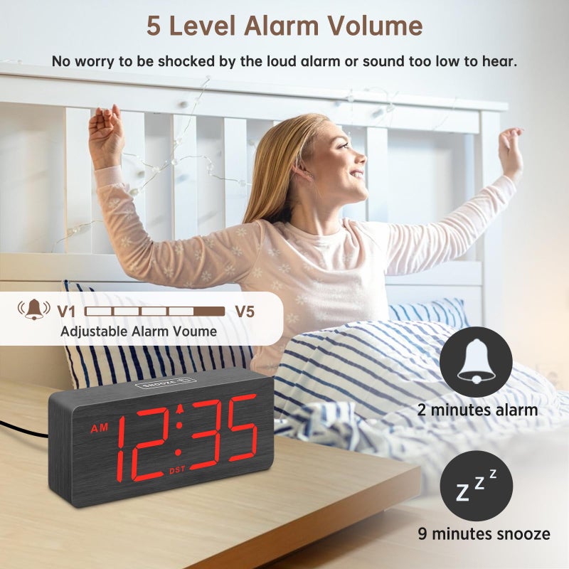 DreamSky Wooden Digital Alarm Clock for Bedroom - Desk Clocks for Living Room with Large Numbers, Loud Alarm for Heavy Sleepers with Volume Control, Dimmer, DST, Office Wood Decor (Plug in Clock) - Image 3