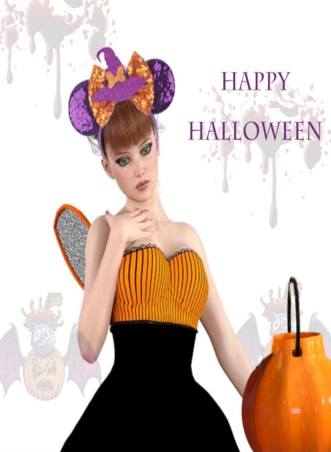 YOWOCAL طوق رأس YOWOCAL بتصميم أذني فأر للهالوين للنساء والمراهقات، طوق شعر على شكل قبعة ساحرة مزين بفيونكة ترتر بنفسجية، غطاء رأس لتزيين حفلات الهالوين، هدية تنكرية - Image 2