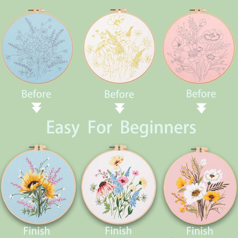 Ohcol 3 Sets Embroidery Kit,Cross Stitch Kits Needlepoint Kits for Adults Beginner,Needle Point Kits with Washable Pre-Printed Floral Pattern,Hoops,Women DIY Hand Crafts - Image 5