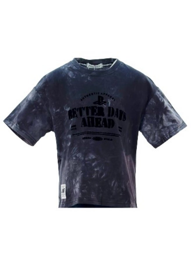 جوانا تي شيرت أولاد برقبة دائرية وأكمام قصيرة مع عبارات "أيام أفضل قادمة" - أسود - سنتان - Image 4