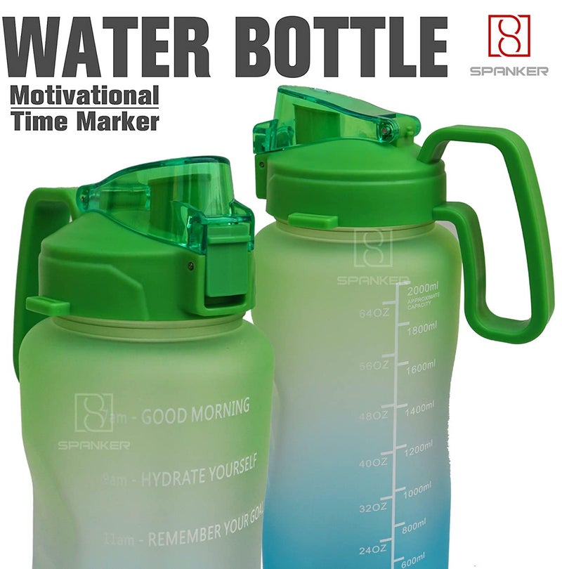 Spanker Plastic Ultima Motivational Water Bottle Half Gallon With Handle Time Marker Large Capacity 2000 Ml Leakproof Bpa Free Fitness Sports Water Bottle Green Blue Sstp - Image 2