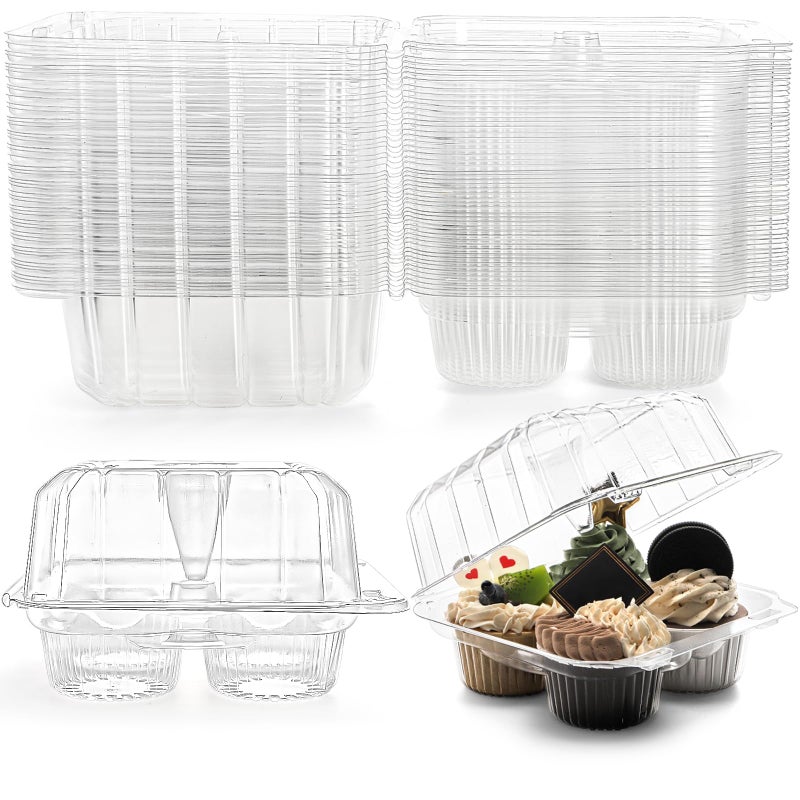 Coloch 50 Pack Clear Cupcake Box 4 Cavity Plastic Cupcake Holder with Deep Dome Disposable 4Compartment Dessert Container Bakery Carrying Box for Bakery Cupcake - Image 2