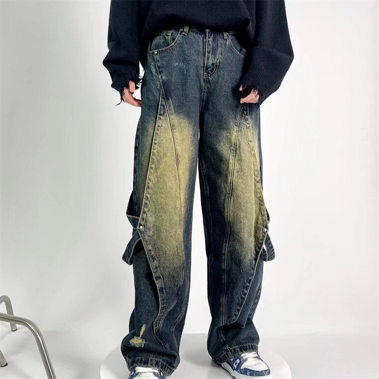 High Street Vibe Retro Patched Straight Jeans Men Blue [counter quality]] 