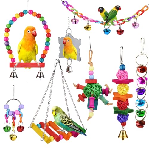 ESRISE 8 Pcs Parakeet Cockatiel Bird Toys, Parrots Cage Accessories Swing Wooden Perch Chewing Toy for Budgerigar, Conures, Love Birds, Finches, Budgies - Image 1