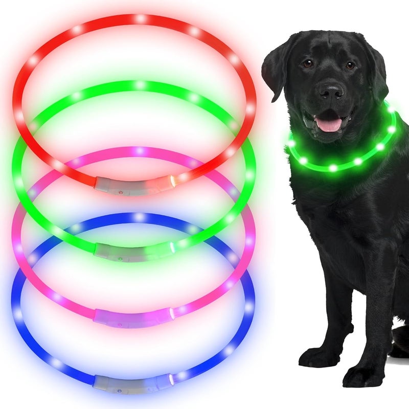فريندا 4 قطع طوق كلب LED قابل لإعادة الشحن عبر USB، طوق كلب مضيء قابل للتعديل ومقاوم للماء، طوق حيوانات أليفة LED آمن ومضيء، قلادة طوق كلب للمشي ليلاً للكلاب الصغيرة والكبيرة، 4 ألوان (نمط جديد) - Image 1