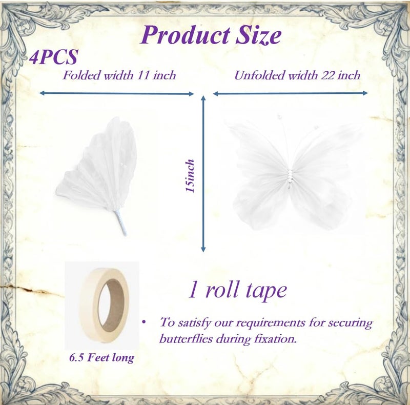LCREATE LCREATE LCREATE 4 PCS Giant Artificial Butterfly Party Decorations 19.6inch 3D Silk Butterfly Hanging Wall Decorations for Baby Shower Decor Girls Women Birthday Party Wedding Homes Supplies (White（4PCS）) - Image 2