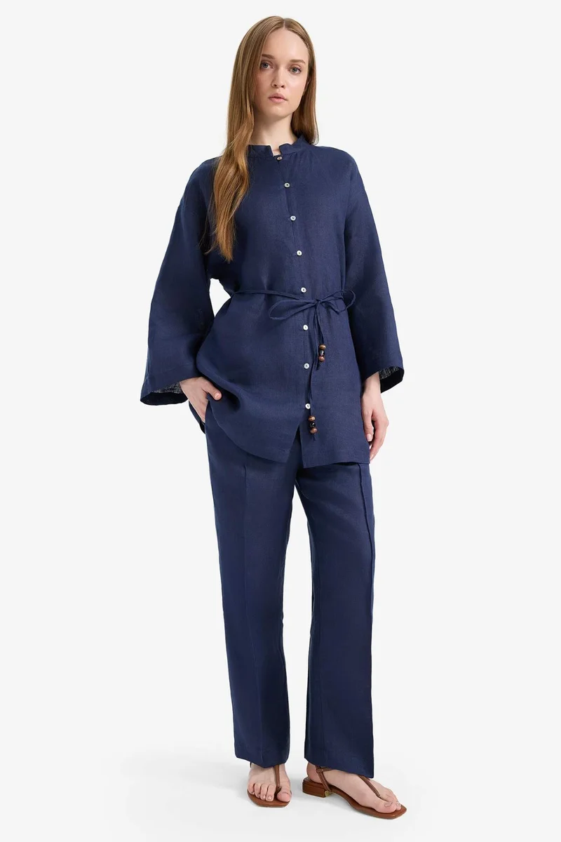 ديفاكتو Straight Fit Elastic Waist Pocketed Linen Trousers
