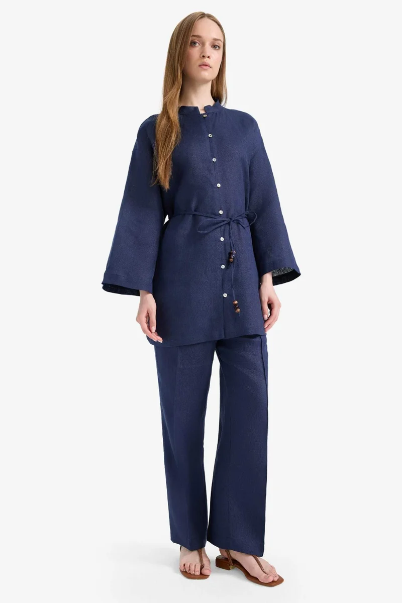 ديفاكتو Straight Fit Elastic Waist Pocketed Linen Trousers