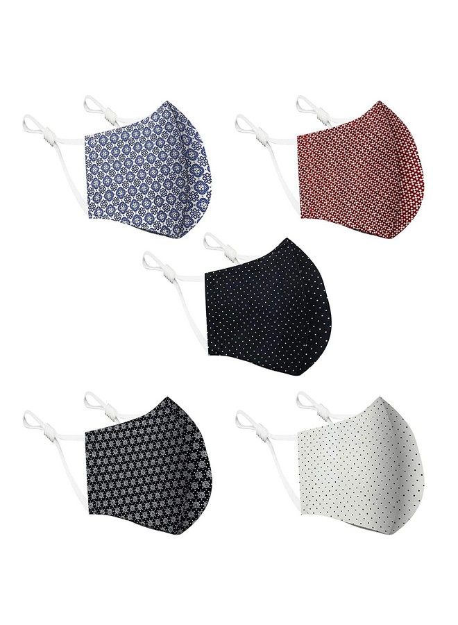 Maple Cotton Face Mask 5 Pack ; Handmade In India Washable Reusable ; Adjustable Ear Loops ; 3 Layers Cloth Face Masks For Women Men ; Dots Patterns - Image 2
