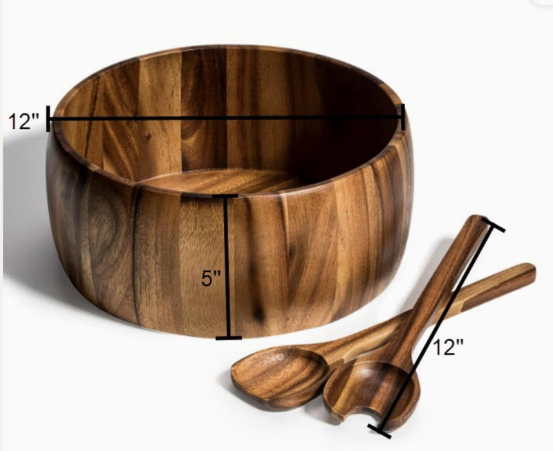 Acacia Wood Extra Large Salad Bowl Set with Servers Brown  - Image 3