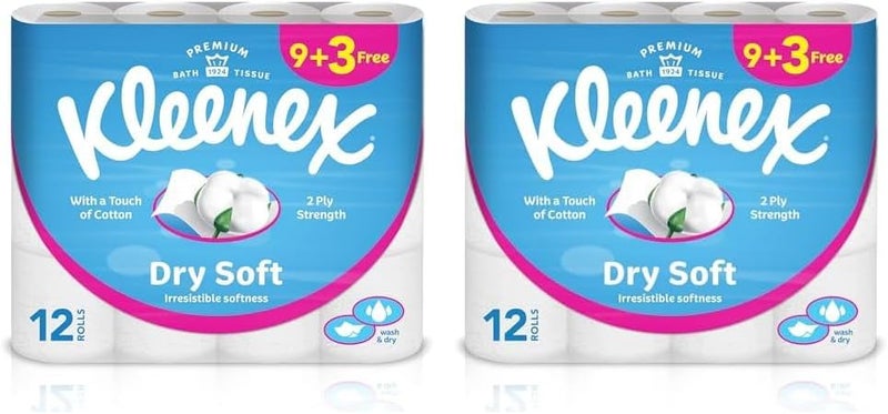 Kleenex ورق تواليت ناعم جاف، ثنائي الطبقة، 12 لفة × 200 ورقة، مناديل حمام منقوشة مع لمسة من القطن (عبوة من 2) - Image 1