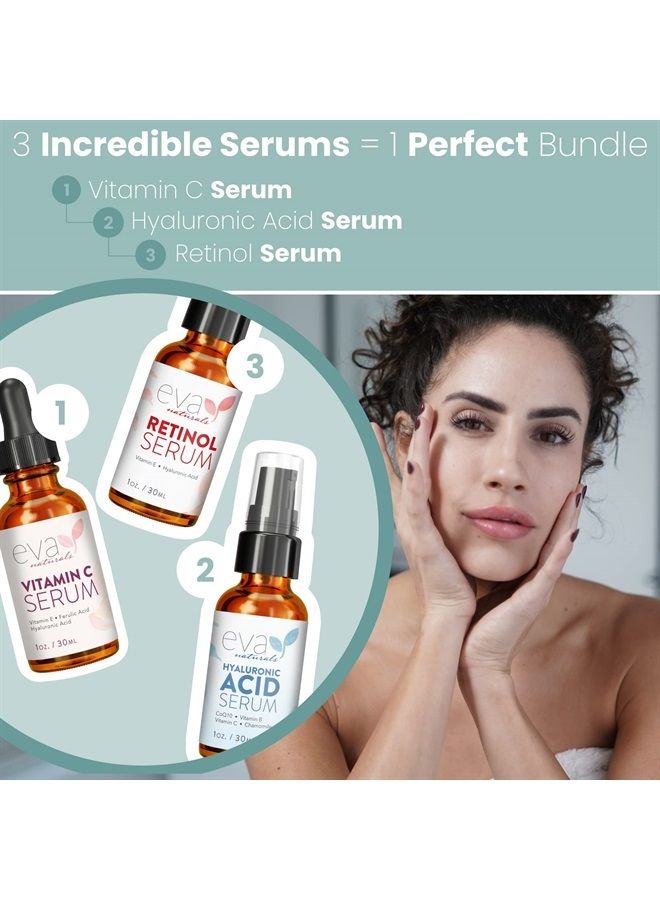Eva Naturals Anti-Aging Serum Bundle - Vitamin C Serum, Hyaluronic Acid Serum, and Retinol Serum - Facial Skin Care Products - Hydrate, Wrinkles, Lines - Acid Serum, Vitamin C Serum, Serum for Face - Image 2
