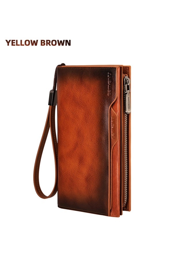 بانيانو محفظة رجالية طويلة من الجلد الأصلي بطبقة علوية من جلد البقر باللون الأصفر والبني - Image 1