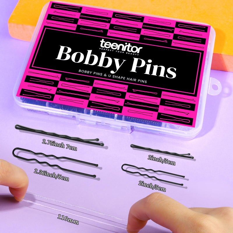 Teenitor 300pcs Hair Pins Bobby Pins Black, 100 Black Bobby Pins 2" 2.75"100 Hair Pins for Women and 100 Clear Hair Bands Kit, U Pins for Buns 2" 2.36" - Image 4