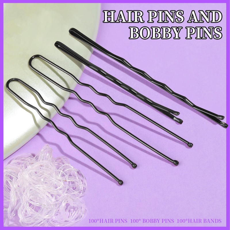 Teenitor 300pcs Hair Pins Bobby Pins Black, 100 Black Bobby Pins 2" 2.75"100 Hair Pins for Women and 100 Clear Hair Bands Kit, U Pins for Buns 2" 2.36" - Image 2