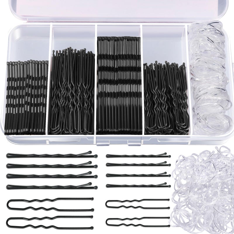 Teenitor 300pcs Hair Pins Bobby Pins Black, 100 Black Bobby Pins 2" 2.75"100 Hair Pins for Women and 100 Clear Hair Bands Kit, U Pins for Buns 2" 2.36" - Image 1