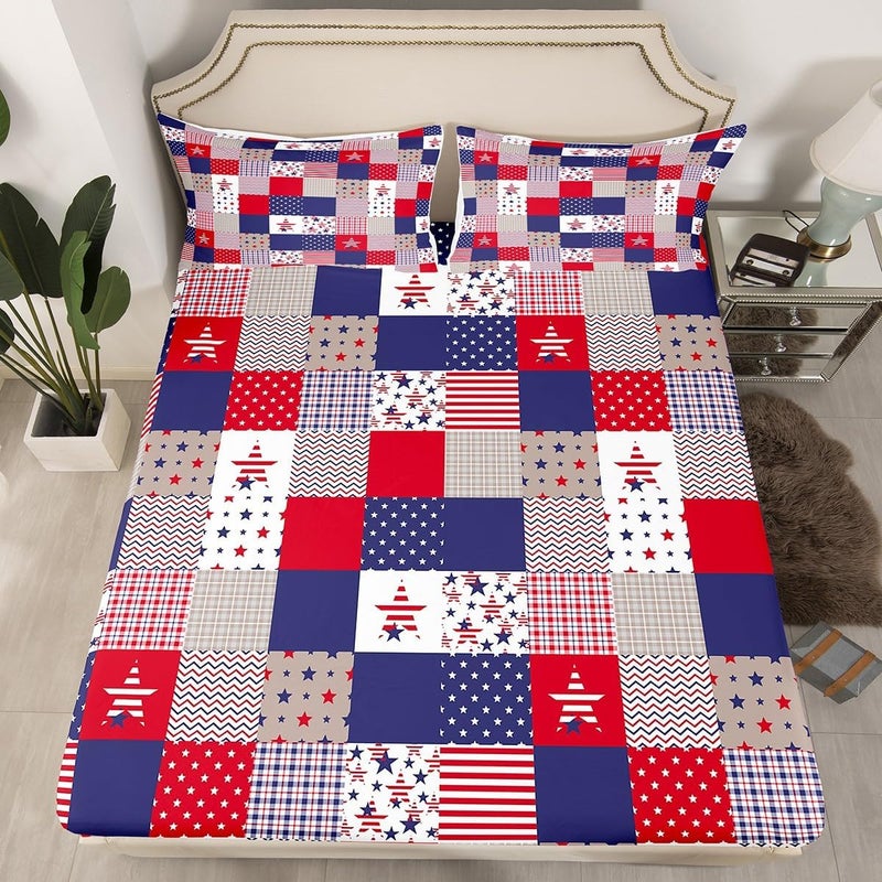 Feelyou Patriotic 4th of July Sheet Set King Size Americana Stars Plaid Bed Sheets for Adults Women Men Independence Day Bed Set Red Blue Sheets 4Pcs,1 Fitted Sheet+2 Pillow Sham+1 Flat Sheet - Image 2