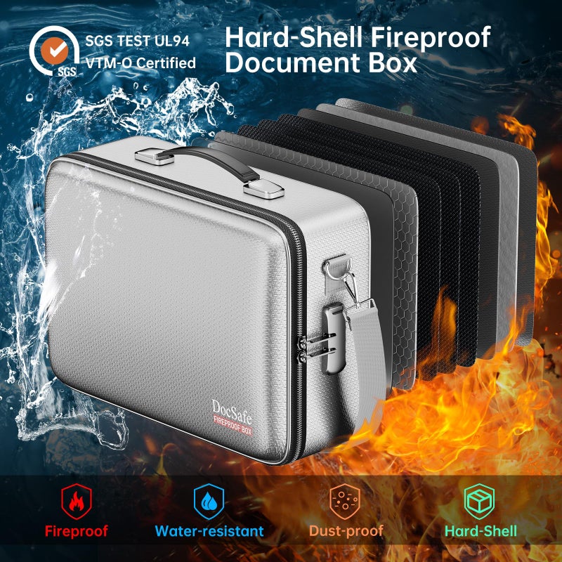 DocSafe Fireproof Document Box with Lock, Hard Case File Organizer with Accordion File Folder, Fireproof Water Resistant Safe Box Home Office Travel Storage for Important Documents Laptop Silver - Image 2