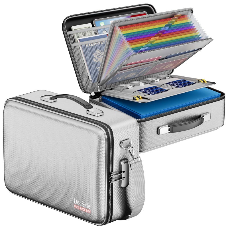 DocSafe Fireproof Document Box with Lock, Hard Case File Organizer with Accordion File Folder, Fireproof Water Resistant Safe Box Home Office Travel Storage for Important Documents Laptop Silver - Image 1