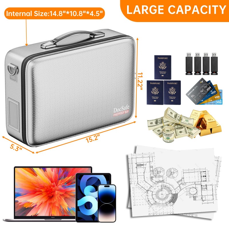 DocSafe Fireproof Document Box with Lock, Hard Case File Organizer with Accordion File Folder, Fireproof Water Resistant Safe Box Home Office Travel Storage for Important Documents Laptop Silver - Image 5