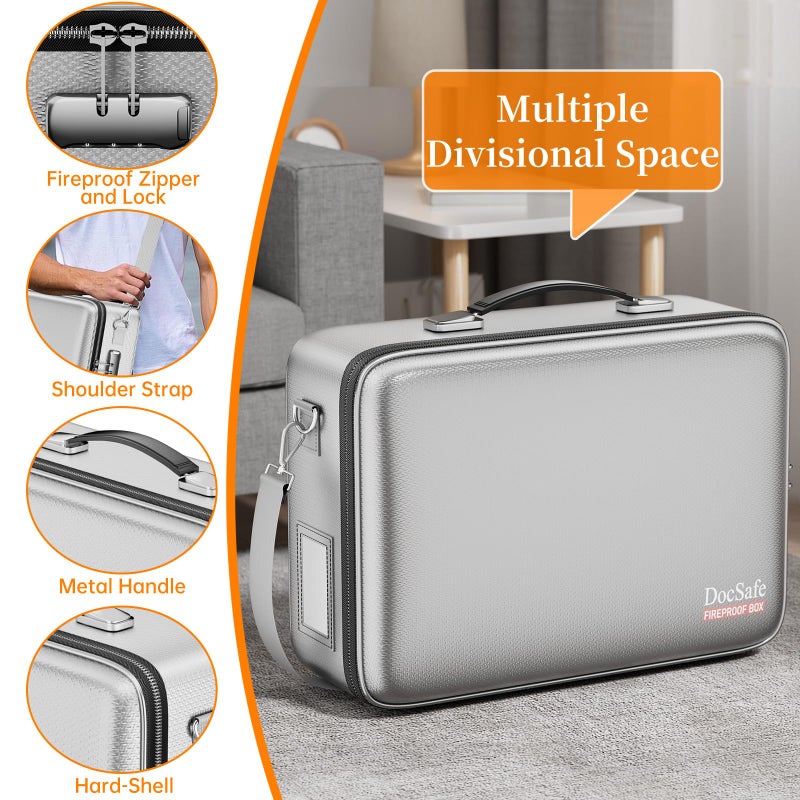 DocSafe Fireproof Document Box with Lock, Hard Case File Organizer with Accordion File Folder, Fireproof Water Resistant Safe Box Home Office Travel Storage for Important Documents Laptop Silver - Image 4