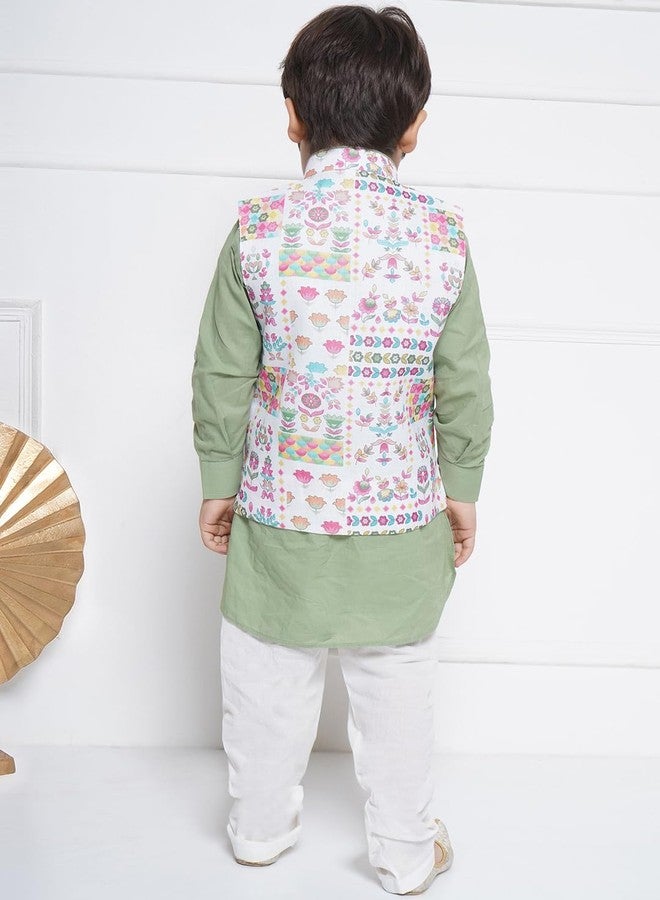 AJ DEZINES Kids Cotton Full Sleeve Printed Green Kurta Pajama & Waistcoat Set for Boys - Ethnic wear | Special Occasion & Party Outfit | Mandarin Collar Waistcoat for boys - Regular Fit - Image 4