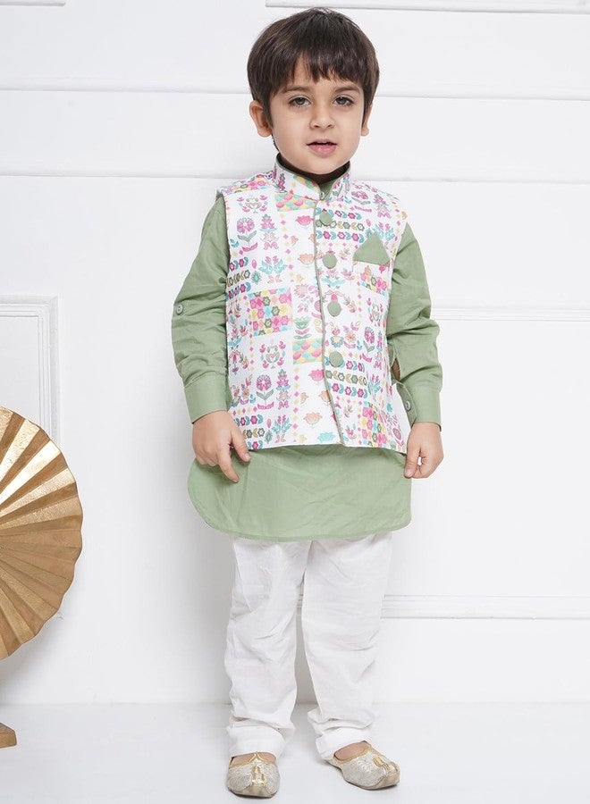 AJ DEZINES Kids Cotton Full Sleeve Printed Green Kurta Pajama & Waistcoat Set for Boys - Ethnic wear | Special Occasion & Party Outfit | Mandarin Collar Waistcoat for boys - Regular Fit - Image 2