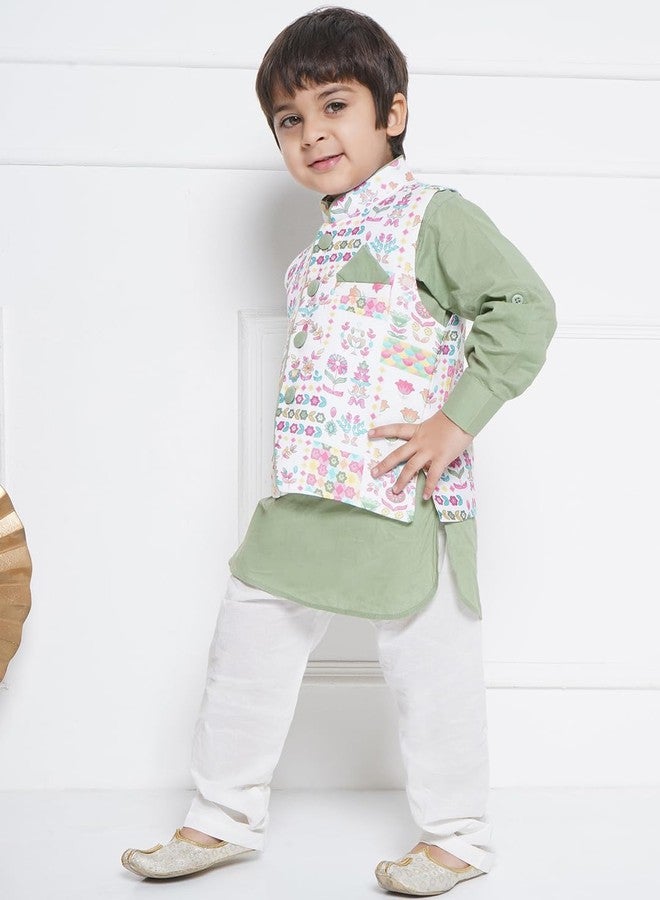 AJ DEZINES Kids Cotton Full Sleeve Printed Green Kurta Pajama & Waistcoat Set for Boys - Ethnic wear | Special Occasion & Party Outfit | Mandarin Collar Waistcoat for boys - Regular Fit - Image 5