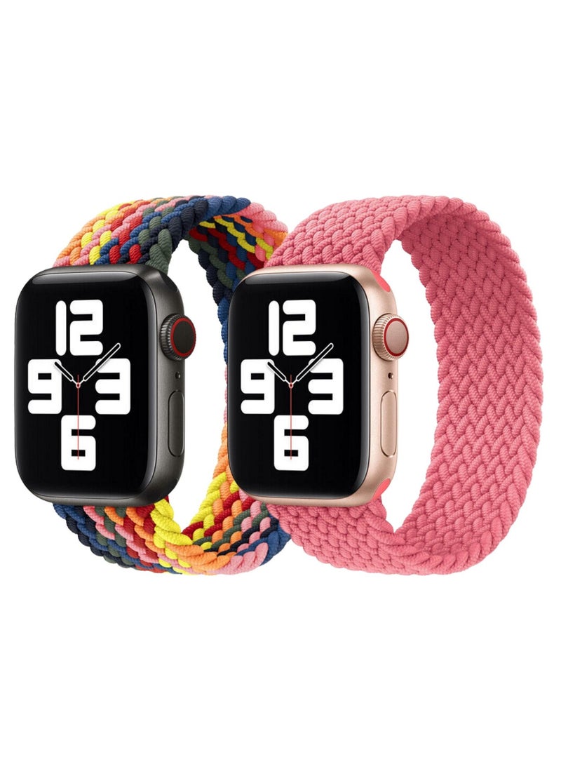 YOMNA Braided Solo Loop Band Strap for Apple Watch Series 42/44/45mm Multicolor/Rainbow Strap with Pink Punch Strap(set of 2)  - Image 1