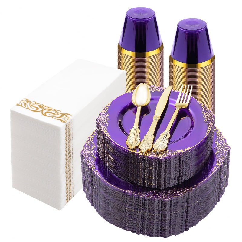 Bestluck 350PCS Clear Purple Plastic Plates for 50 Guests Disposable Plates with Gold Trim include 50 Dinner Plates 50 Dessert Plates 150 Gold Silverware 50 Cups 50 Napkins for Party Wedding - Image 3