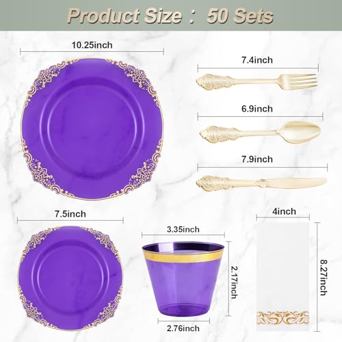 Bestluck 350PCS Clear Purple Plastic Plates for 50 Guests Disposable Plates with Gold Trim include 50 Dinner Plates 50 Dessert Plates 150 Gold Silverware 50 Cups 50 Napkins for Party Wedding - Image 5