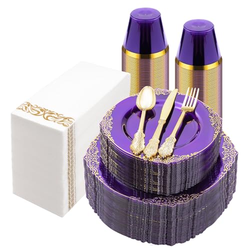 Bestluck 350PCS Clear Purple Plastic Plates for 50 Guests Disposable Plates with Gold Trim include 50 Dinner Plates 50 Dessert Plates 150 Gold Silverware 50 Cups 50 Napkins for Party Wedding - Image 2