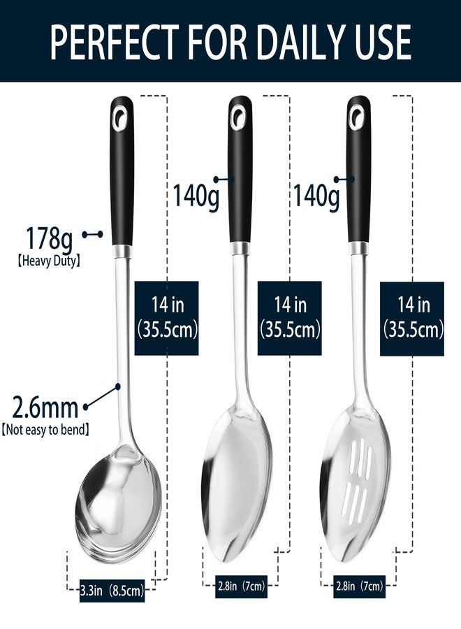 MUJINON 14-in Cooking Spoons Set, Heavy Duty 18/0 Stainless Steel Large Serving Spoons Set, Slotted Spoon, Cooking Spoon & Soup Ladle, Commercial and Residential Use, Pack of 3 - Image 3