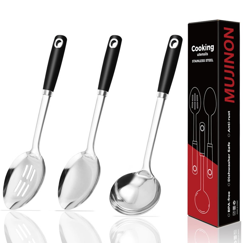 MUJINON 14-in Cooking Spoons Set, Heavy Duty 18/0 Stainless Steel Large Serving Spoons Set, Slotted Spoon, Cooking Spoon & Soup Ladle, Commercial and Residential Use, Pack of 3 - Image 1