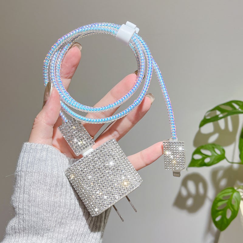 For Apple Charger Protective Case 18W/20W Diamond-Embellished Charger Head Protective Set 5-Piece Set Data Cable Protective Rope silver stick drill 