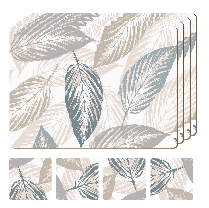 Moderry Set of 4 Heat Resistant Cork Placemats for Dining Table with Free Set of 4 Matching Drink Coasters Marble Design 16 x 12 Inches Cork Backed Hard Placemats Farmhouse Rustic Leaves
