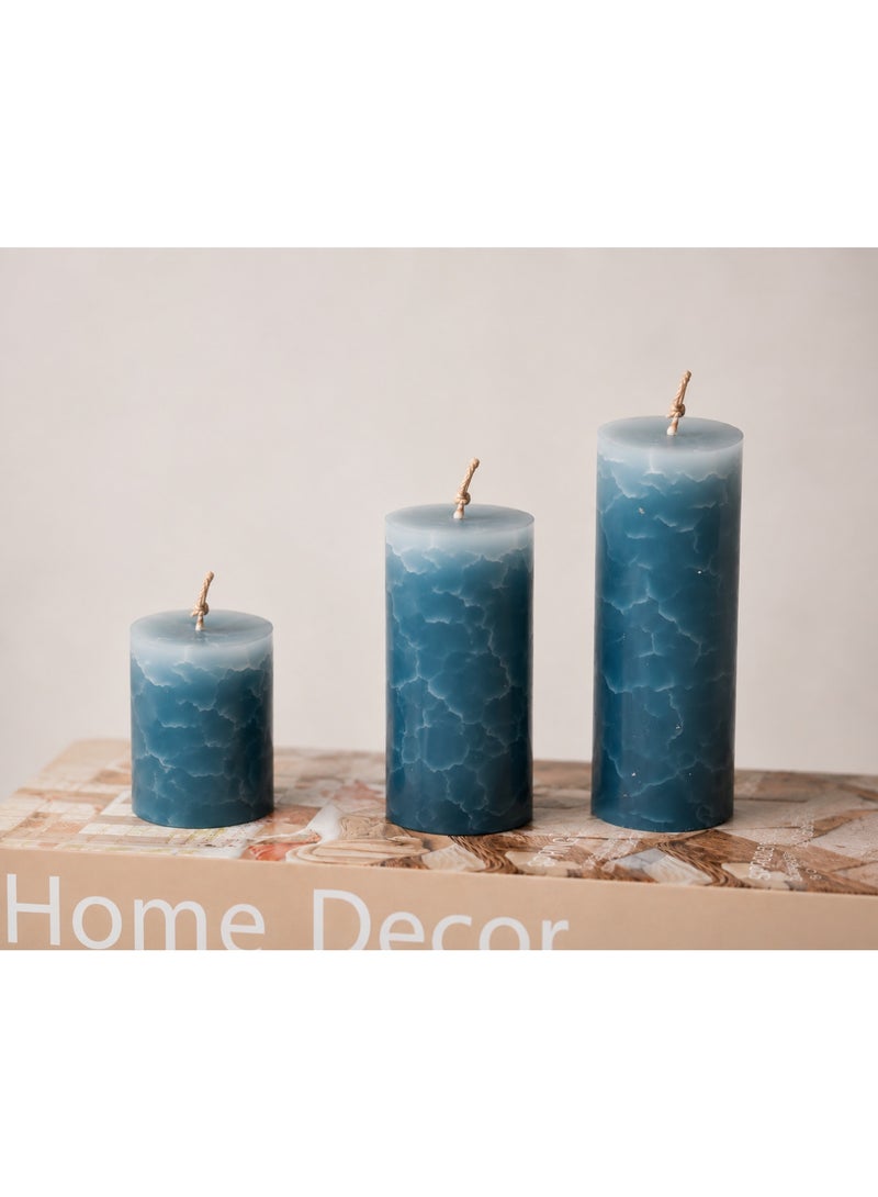 Pack of 2 Handcrafted Blue Marbled Pillar Decorative Candles, Assorted Sizes - Image 2