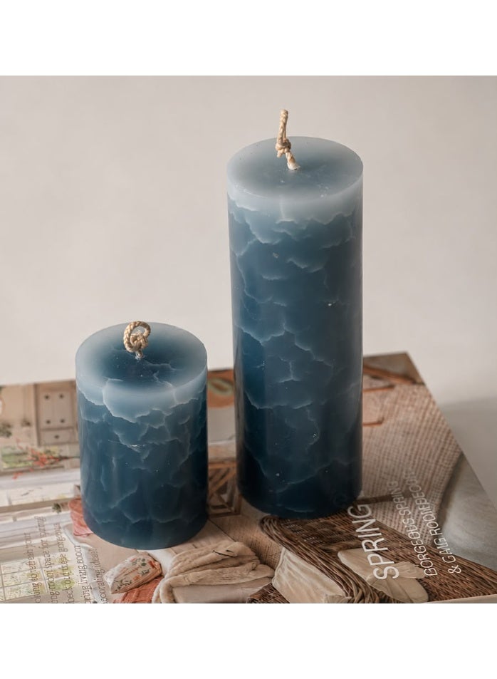 Pack of 2 Handcrafted Blue Marbled Pillar Decorative Candles, Assorted Sizes - Image 1