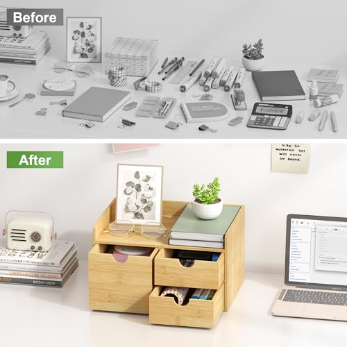 Wisuce Desk Organizer with Drawers - Bamboo Desktop Organizer Storage | Wood Desk Drawers Organizer for Bills, Office Supplies, Cosmetics, Seals No Assembly Required (3 Drawer with Big Drawer) - Image 5