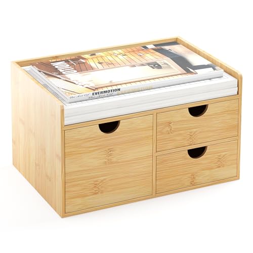 Wisuce Desk Organizer with Drawers - Bamboo Desktop Organizer Storage | Wood Desk Drawers Organizer for Bills, Office Supplies, Cosmetics, Seals No Assembly Required (3 Drawer with Big Drawer) - Image 1