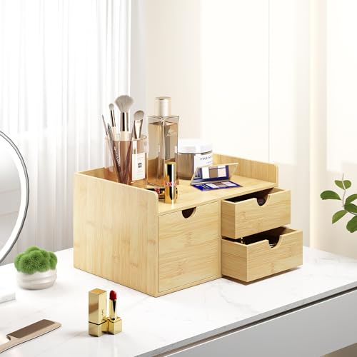 Wisuce Desk Organizer with Drawers - Bamboo Desktop Organizer Storage | Wood Desk Drawers Organizer for Bills, Office Supplies, Cosmetics, Seals No Assembly Required (3 Drawer with Big Drawer) - Image 4